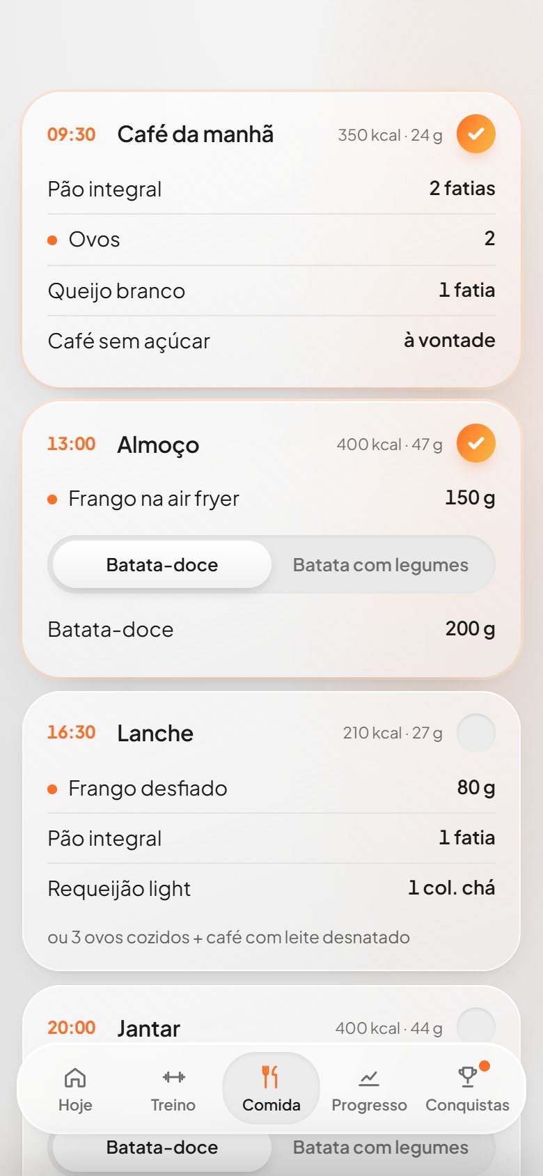 Tela de refeições com check