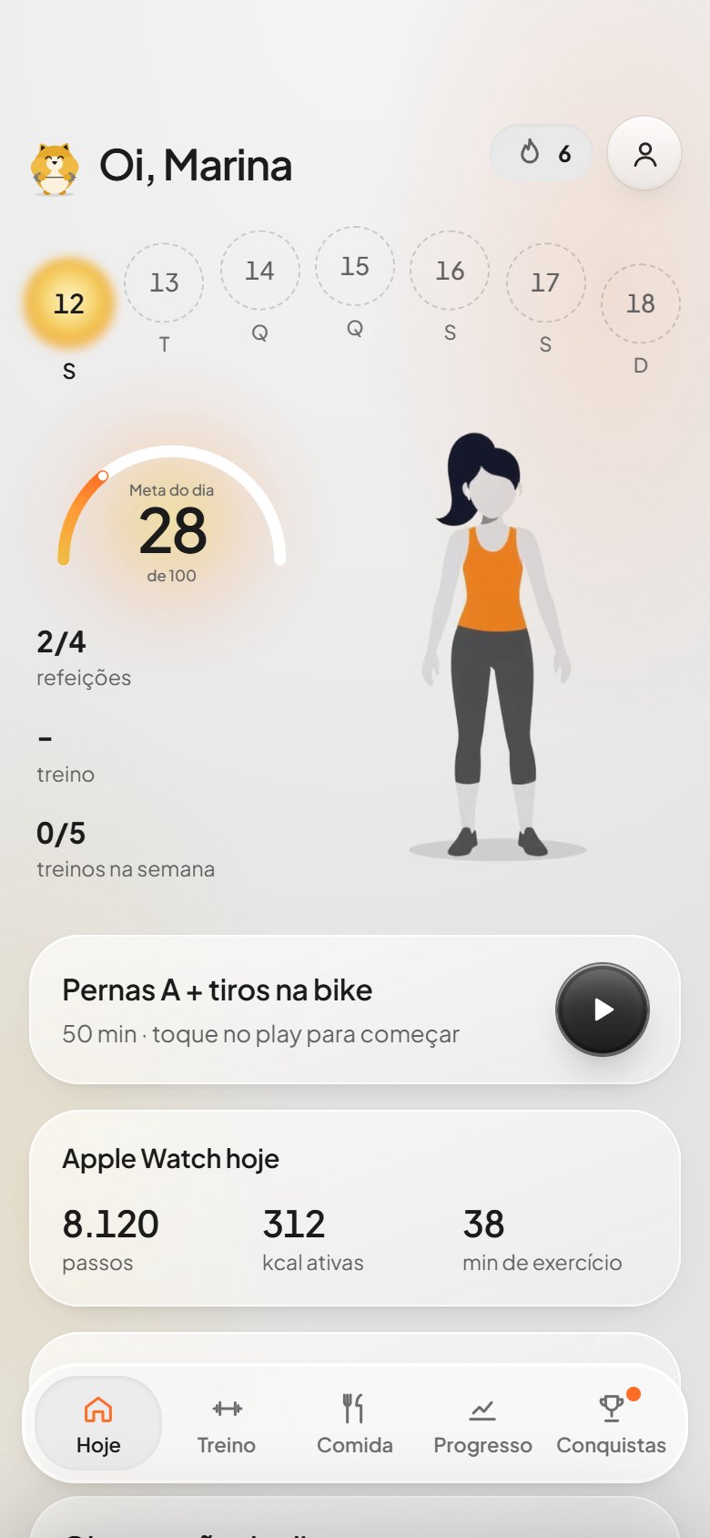 Tela Hoje com meta do dia e Apple Watch